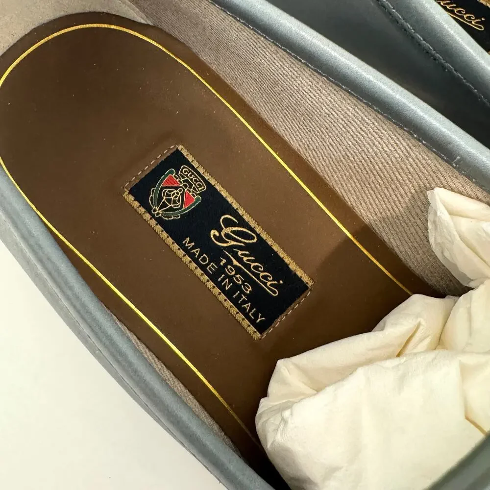 GUCCI Betis Glamour Leather Gold Horsebit Swamp Grey Loafer 10 NEW Shoes 1953